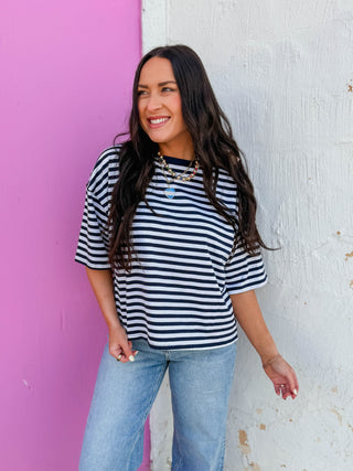 Kasey Striped Tee-Navy