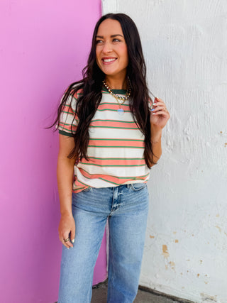 Emma Striped Tee-Coral/Olive