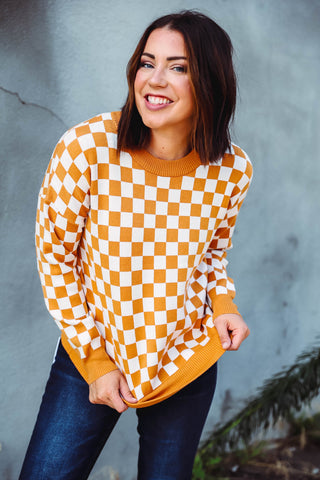 Weston Checkered Sweater-Marigold