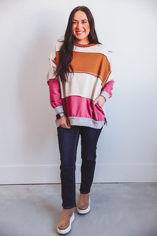 Ryleigh Color Block Pullover-Caramel/Pink