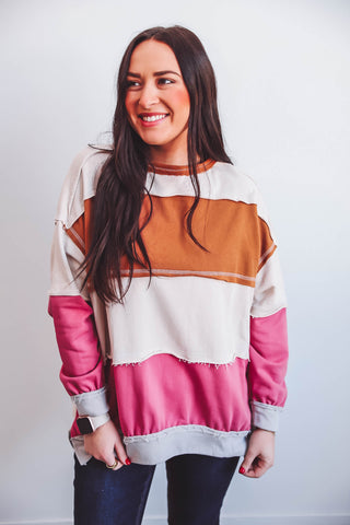 Ryleigh Color Block Pullover-Caramel/Pink