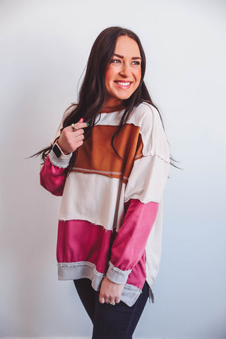 Ryleigh Color Block Pullover-Caramel/Pink