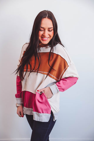 Ryleigh Color Block Pullover-Caramel/Pink