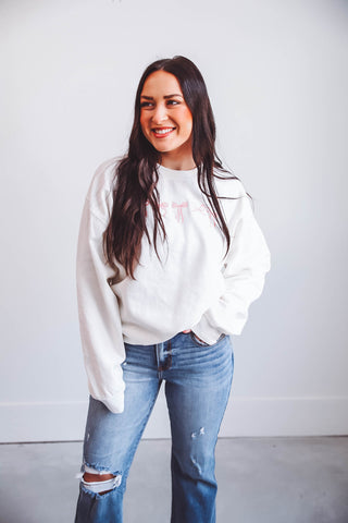 Embroidered Mini Bows Sweatshirt-Cream/Pink