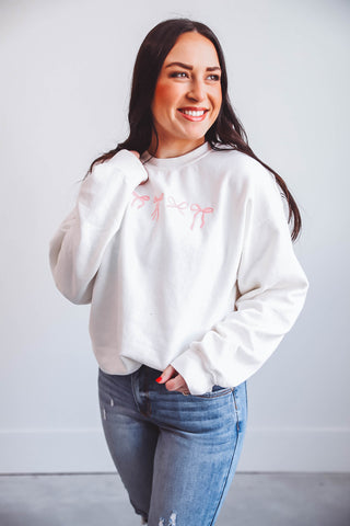 Embroidered Mini Bows Sweatshirt-Cream/Pink