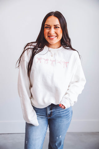 Embroidered Mini Bows Sweatshirt-Cream/Pink