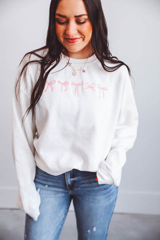 Embroidered Mini Bows Sweatshirt-Cream/Pink