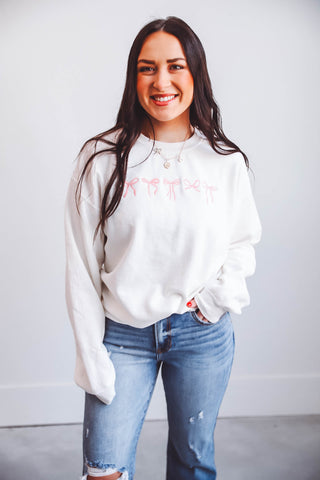 Embroidered Mini Bows Sweatshirt-Cream/Pink