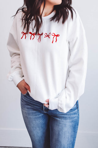 Embroidered Mini Bows Sweatshirt-White/Red