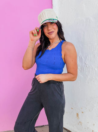 Floral Textured Tank-Royal Blue