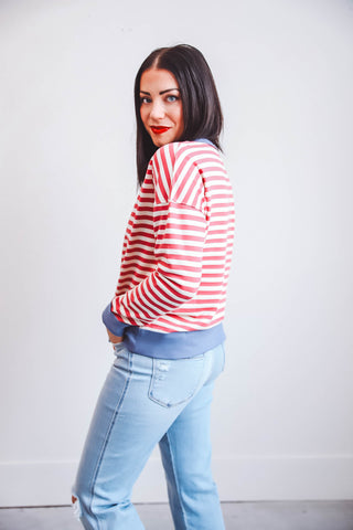 Sabrina Striped Pullover-Dark Coral/Blue