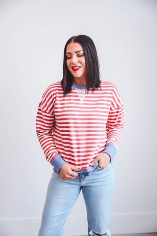 Sabrina Striped Pullover-Dark Coral/Blue