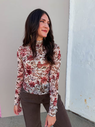 Kiley Floral Mesh Top-Cream