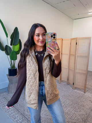Lori Quilted Hoodie Vest-Taupe