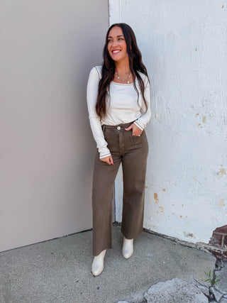 Cara Wide Leg Pants-Washed Brown