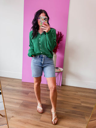 Just Right Striped Cardigan-Kelly Green