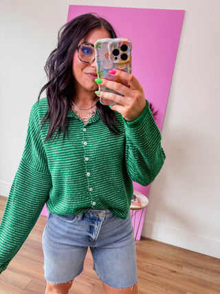 Just Right Striped Cardigan-Kelly Green