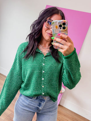 Just Right Striped Cardigan-Kelly Green