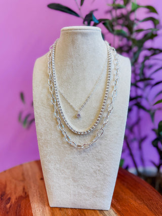 3 Layer Silver Multi Stone Crystal Pended Necklace