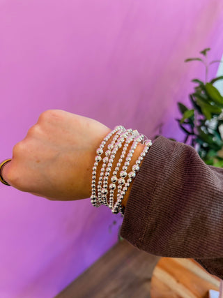 Set Of 6 Silver Beaded Stretch Bracelets