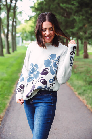 Parker Floral Sweater-Ivory/Blue