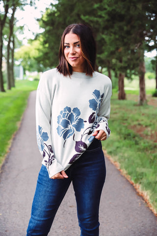 Parker Floral Sweater-Ivory/Blue