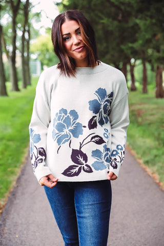 Parker Floral Sweater-Ivory/Blue