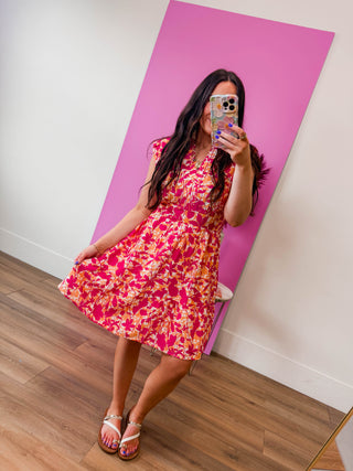 Kendra Floral Mini Dress-Fuchsia/Peach