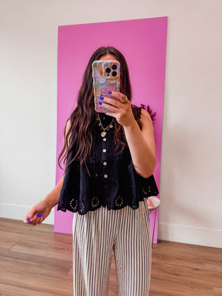 Adva Eyelet Button Down Top-Black