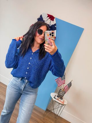 Just Right Striped Cardigan-Royal Blue