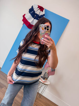 Caitlin Striped Tee-Navy