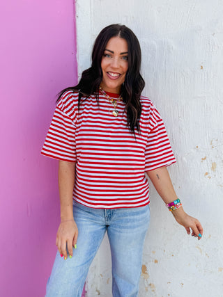 Kasey Striped Tee-Red