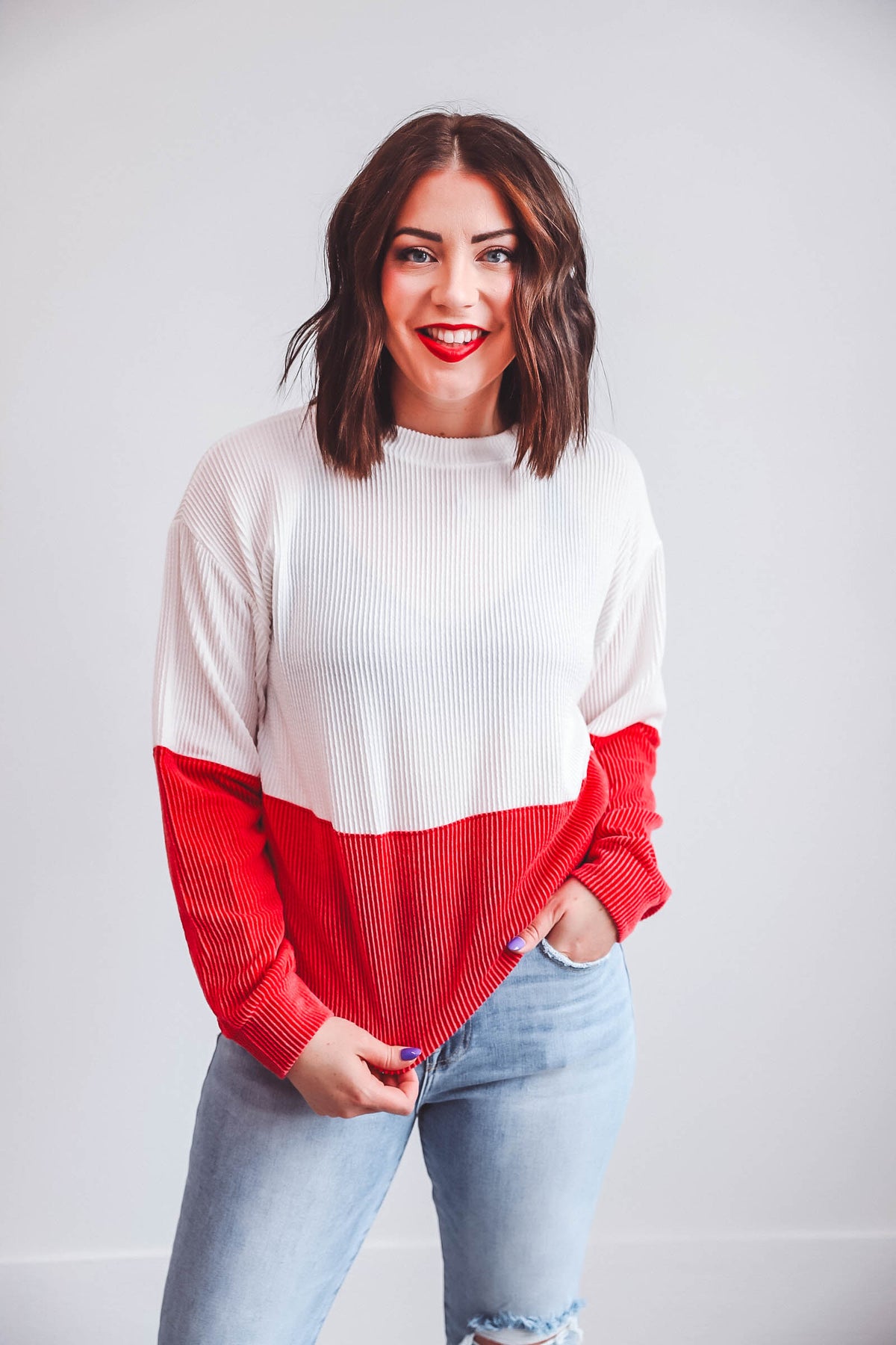Tessa Corded Top-Ivory/Red
