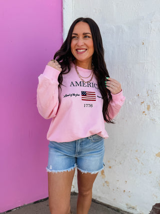 America Embroidered Crewneck-Pink
