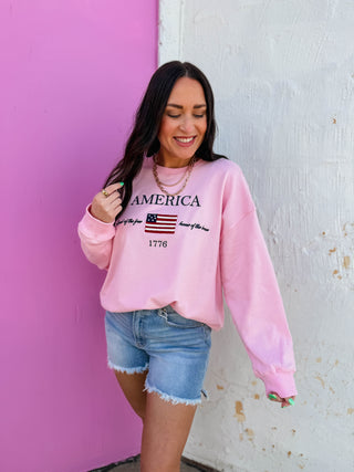 America Embroidered Crewneck-Pink