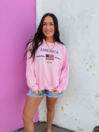 America Embroidered Crewneck-Pink