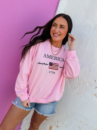 America Embroidered Crewneck-Pink