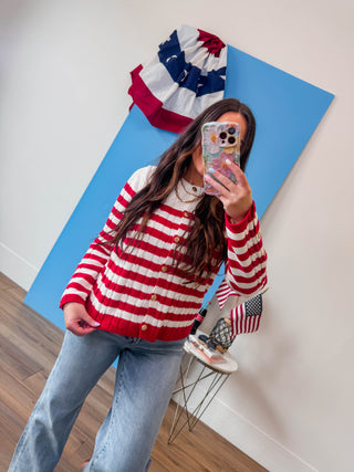 Kayla Striped Cardigan-Red