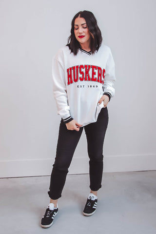 Nebraska Allen V-Neck Sweatshirt-White/Black