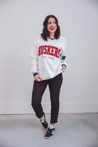 Nebraska Allen V-Neck Sweatshirt-White/Black