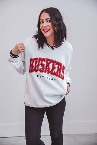 Nebraska Allen V-Neck Sweatshirt-White/Black