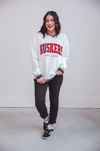 Nebraska Allen V-Neck Sweatshirt-White/Black