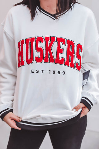 Nebraska Allen V-Neck Sweatshirt-White/Black