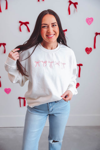 Embroidered Mini Bows Sweatshirt-Cream/Pink