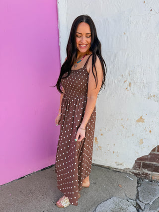 Olivia Polka Dot Midi Dress-Brown