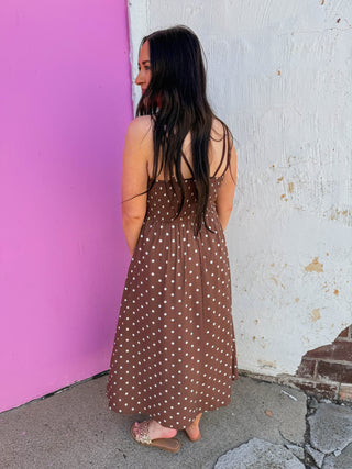 Olivia Polka Dot Midi Dress-Brown