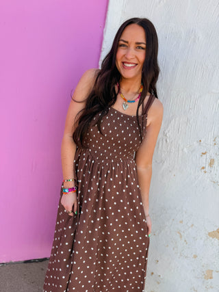 Olivia Polka Dot Midi Dress-Brown