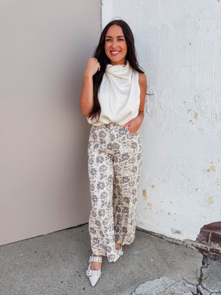 Serena Floral Pants-Ecru