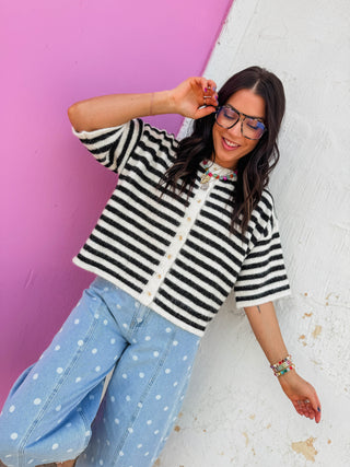 Gwen Striped Knit Top-Black