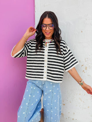 Gwen Striped Knit Top-Black